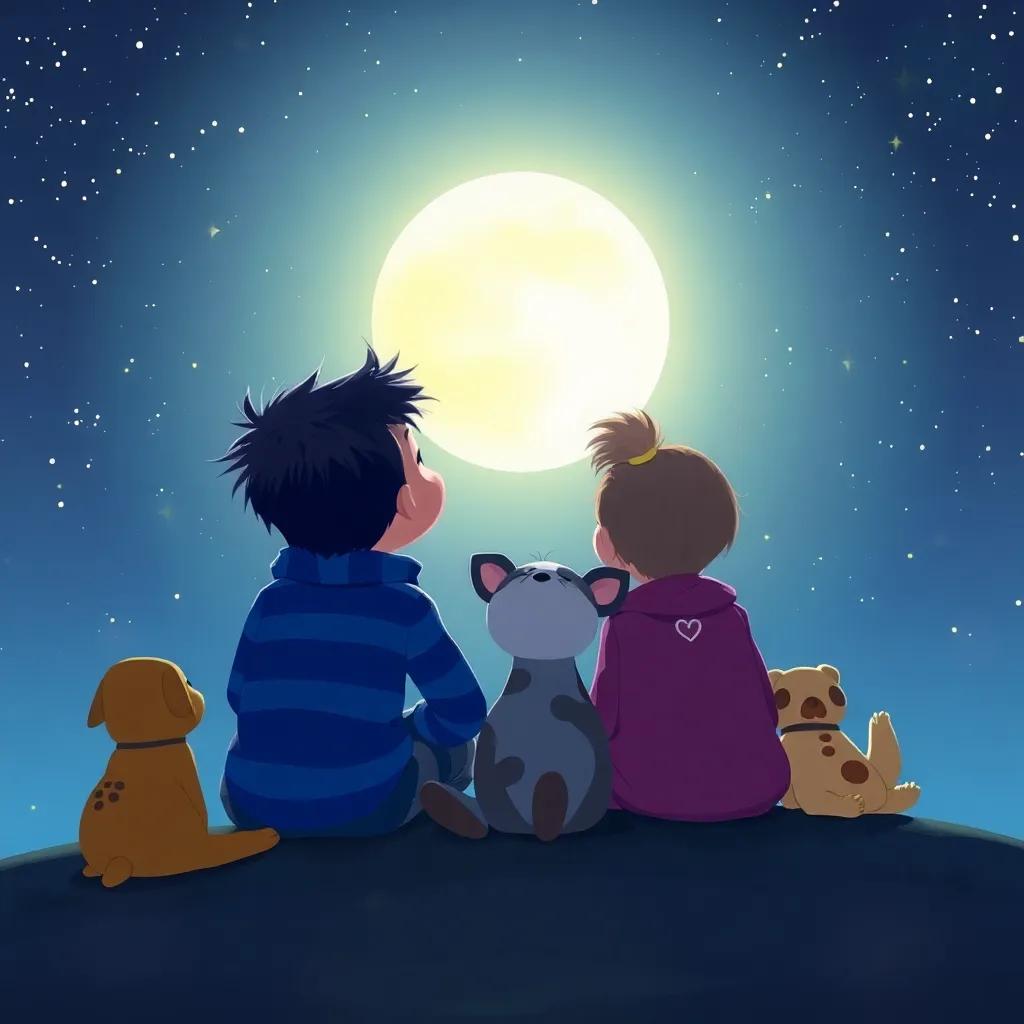 Tito y sus amigos sentados bajo las estrellas, mirando el cielo, sonriendo y disfrutando de la compañía, con la luna brillando sobre ellos, arte digital, atmósfera mágica, alta calidad, colores suaves