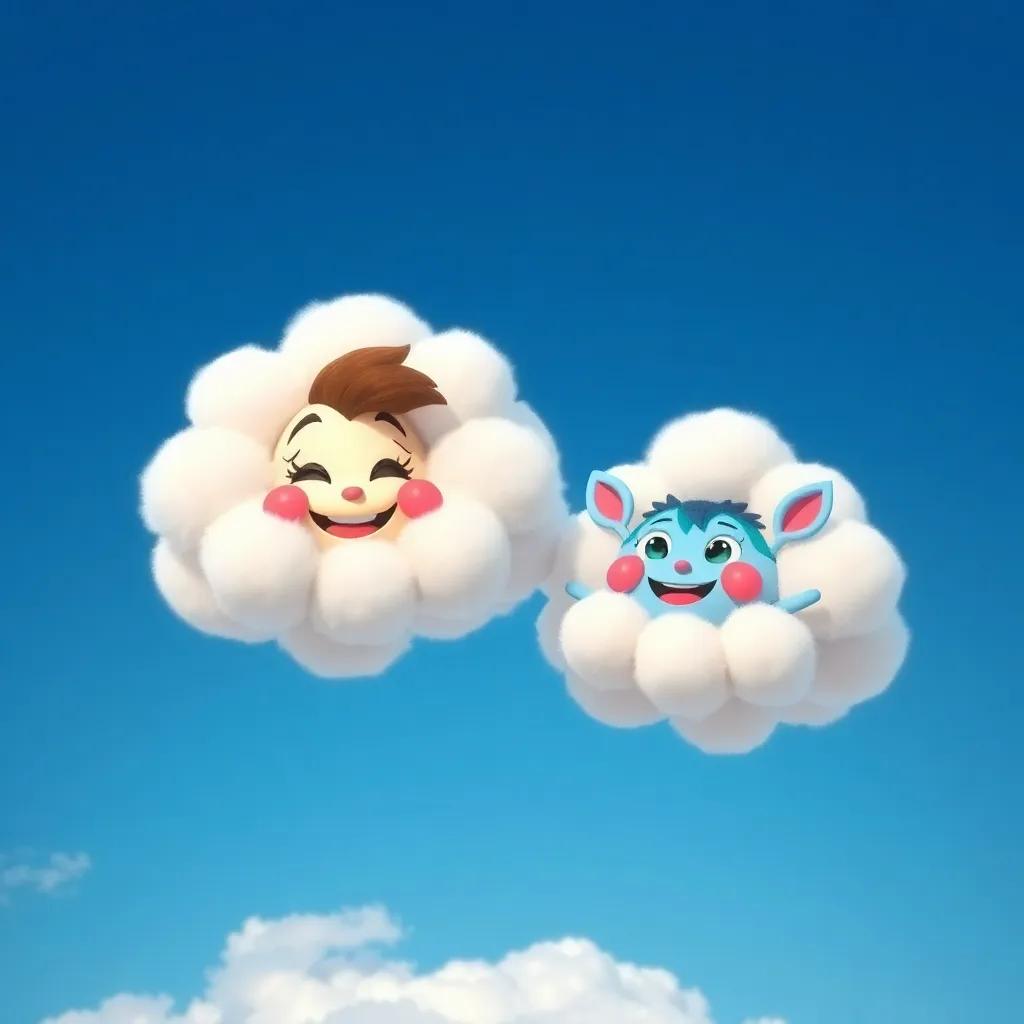 Two fluffy clouds, Pompón and Nubi, smiling and ready for an adventure in the blue sky, digital art, cheerful colors, vibrant atmosphere, high quality