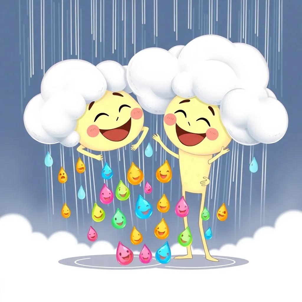 Pompón and Nubi, the clouds, laughing together while gathering colorful raindrops, each drop showing happy faces, detailed illustration, bright and fun, child-friendly