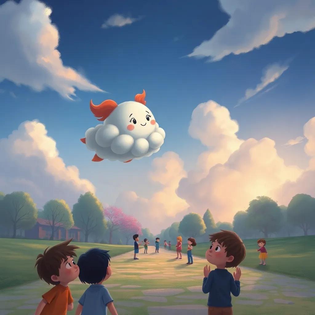 The clouds Pompón and Nubi, flying over a park filled with sad children, looking up with curiosity, digital painting, soft colors, inviting scene, heartwarming