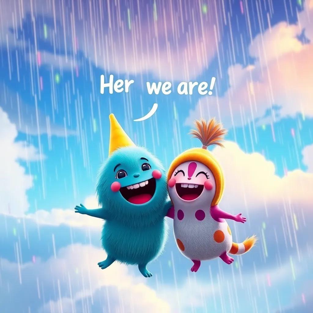 Pompón and Nubi, saying 'Here we are!' in the sky, surrounded by rain falling as cheerful colors and giggles, joyful atmosphere, lively colors, high quality