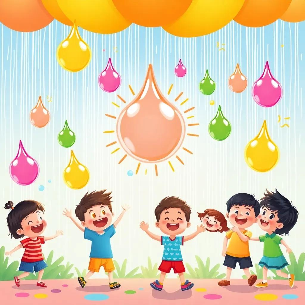 A playful scene with raindrops falling, each drop bursting into colorful laughter and joy, children below dancing and having fun, joyful setting, vibrant illustration, child-friendly