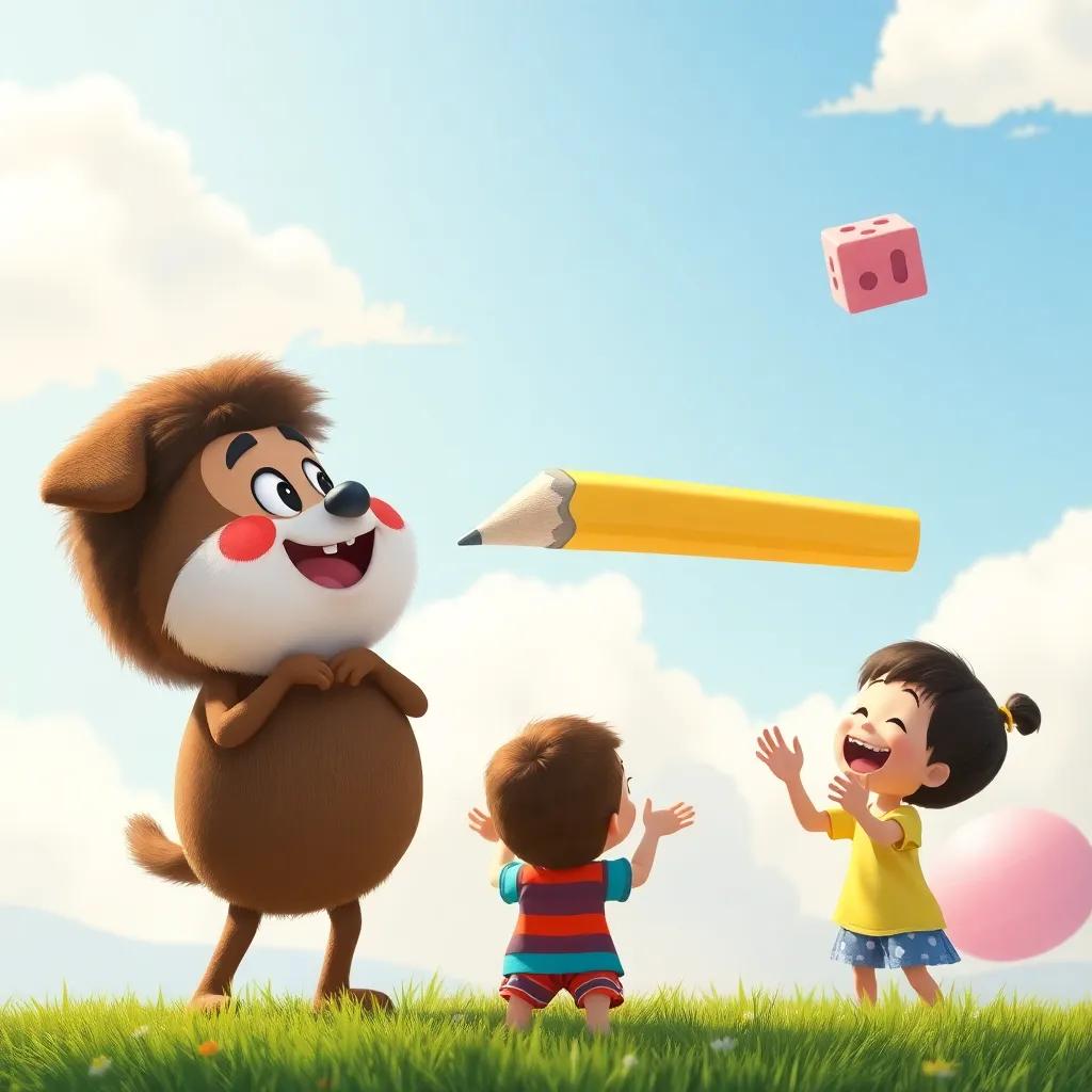 Pompón and Nubi, creating fun shapes in the sky like a puppy and a giant pencil, children clapping and laughing below, colorful and happy mood, engaging imagery, bright colors