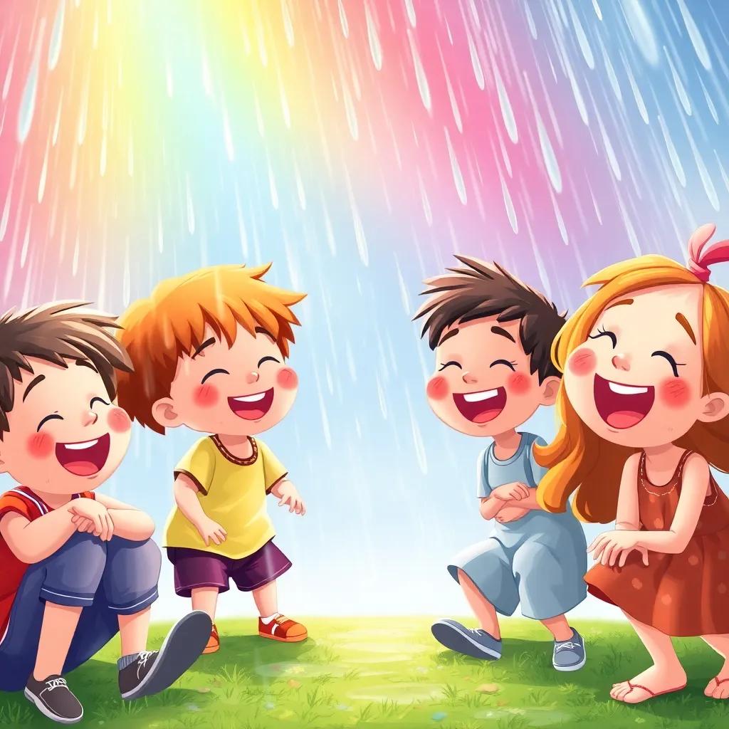 Children laughing and playing under the rainbow of raindrops created by Pompón and Nubi, joyful scene, with smiles and joyful faces, bright illustration, inviting atmosphere