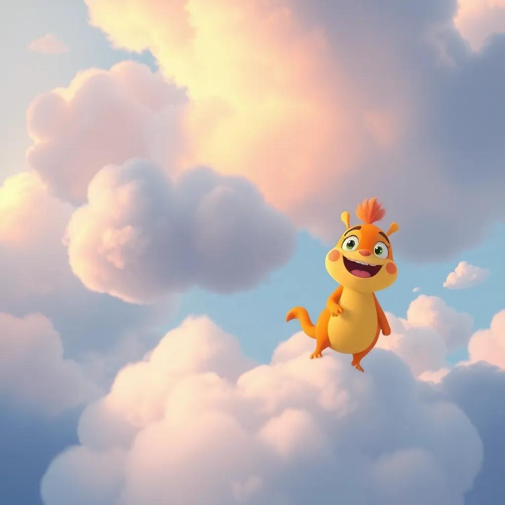 Pompón and Nubi, clouds returning to the sky after a successful day, looking satisfied and excited for their next adventure, digital art, soft ambient light, colorful, heartwarming