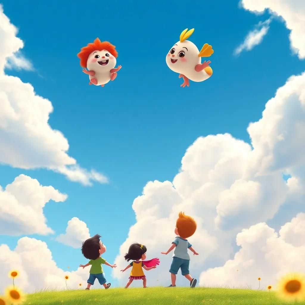 The sky with Pompón and Nubi high above, watching the children play, happy and bright clouds in a beautiful blue sky, cheerful look, detailed, inviting atmosphere