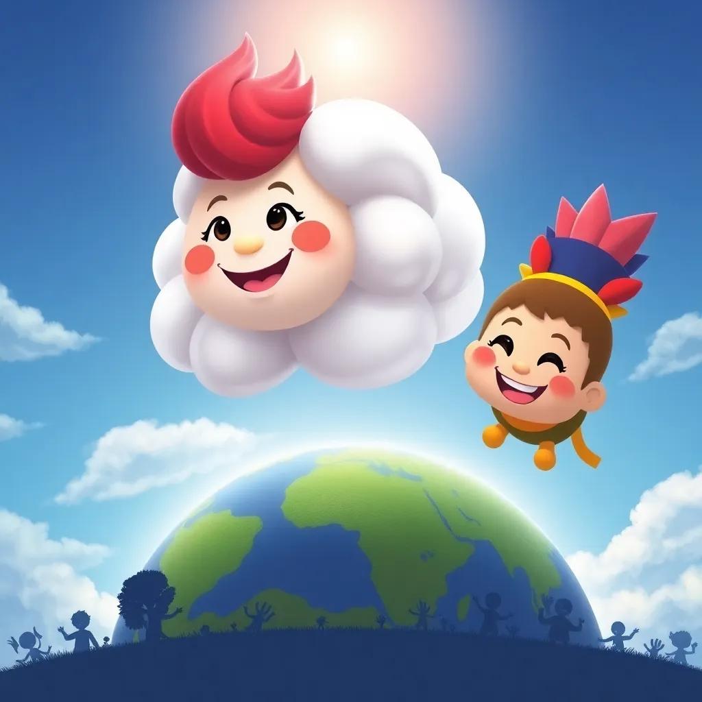 A close-up of Pompón and Nubi the clouds, smiling brightly as they soar over the earth, with outlines of children playing joyfully below, digital illustration, high quality, cheerful tones