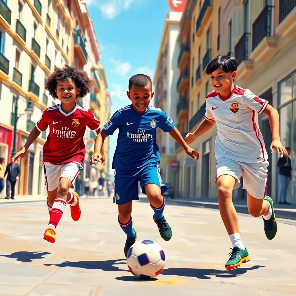A sunny street in Madrid with three young soccer stars: Vinicius, a young Brazilian boy with curly hair and wearing a red soccer jersey, Mbappé, a young French boy with short hair and wearing a blue soccer shirt, and Juan, a young Spanish boy with straight black hair and wearing a white soccer kit, kicking a ball joyfully, digital art, bright colors, warm atmosphere, high quality