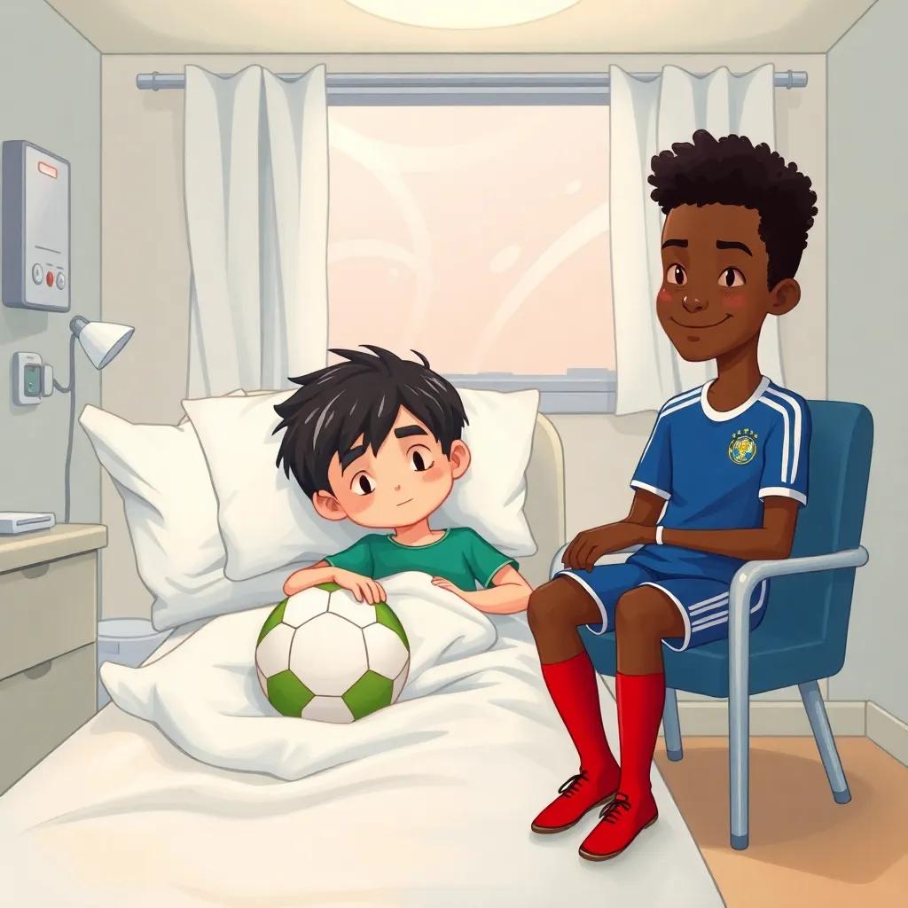 Inside a cozy hospital room, Juan, a young Spanish boy with straight black hair, resting in a bed with a soccer ball beside him, while Vinicius, a young Brazilian boy with curly hair, and Mbappé, a young French boy with short hair, sit on chairs beside him, looking caring, illustration, soft colors, heartwarming mood, child-friendly