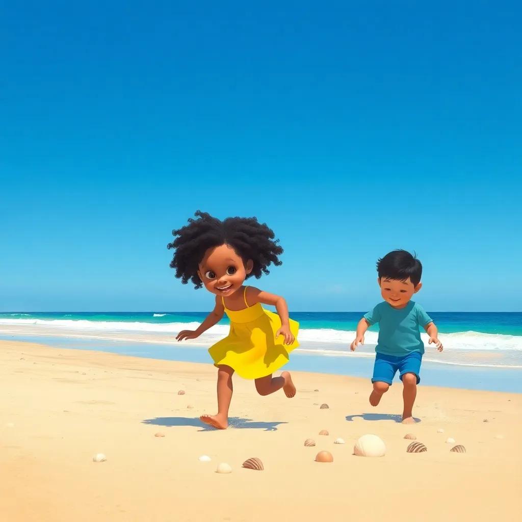A sunny day at Segur de Calafell beach, with two children playing in the sand. Coraima, a young girl with curly black hair, wearing a bright yellow dress, and José, a boy with short dark hair, wearing a blue t-shirt and shorts, running happily and searching for shells, digital art, vibrant colors, cheerful atmosphere, high quality