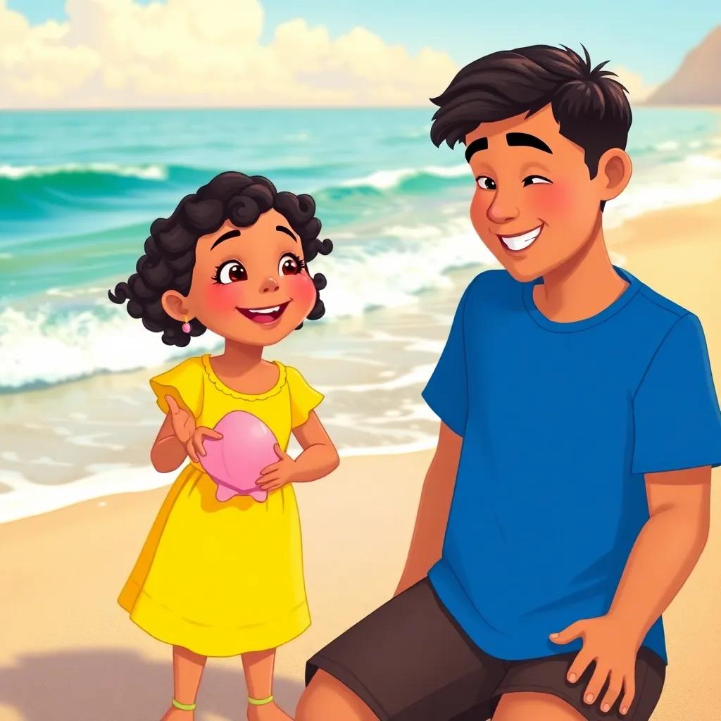Coraima, a young girl with curly black hair in a bright yellow dress, holding a pink shell excitedly on the beach, José, a boy with short dark hair in a blue t-shirt, looking at her with a smile, the ocean in the background with waves gently rolling in, illustration, joyful moment, warm light, colorful