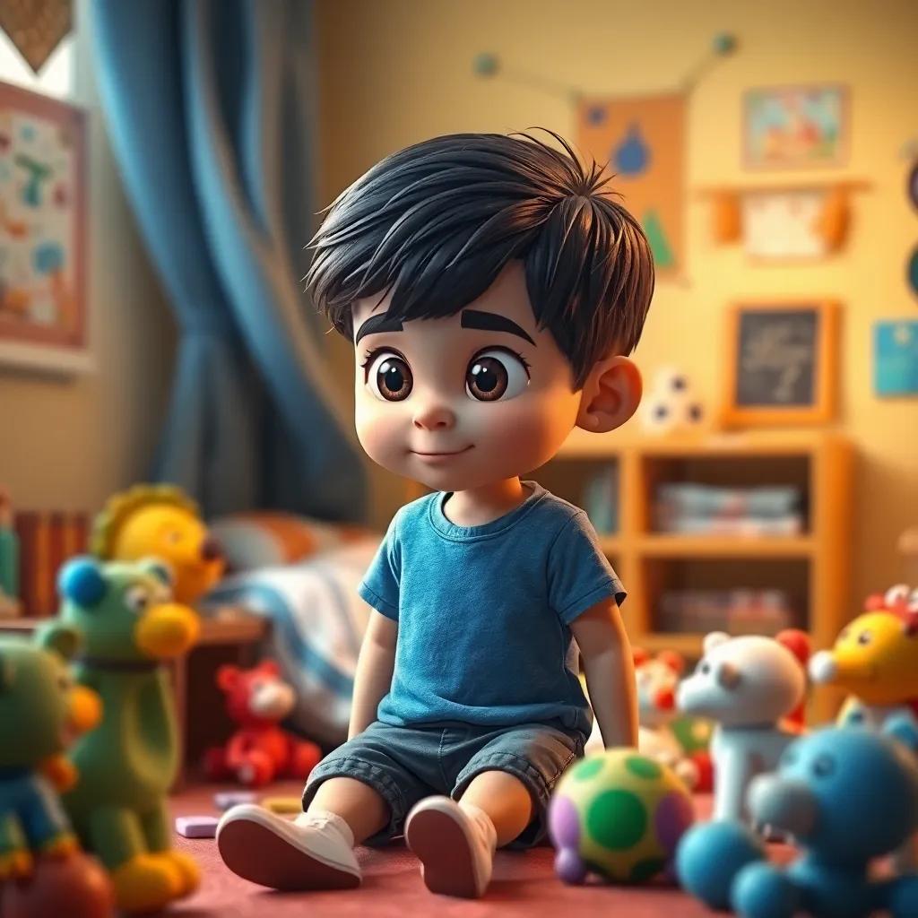 Un niño llamado Tomás, un niño hispano de 6 años, con cabello rizado y oscuro, usando una camiseta azul y pantalones cortos, mirando lindo y curioso en su habitación, rodeado de juguetes, digital art, colores cálidos, ambiente acogedor