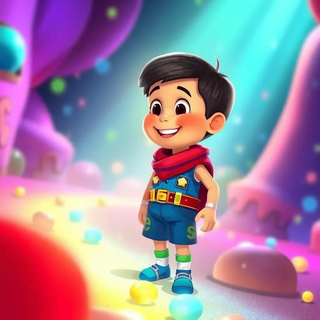 Tomás con los calcetines de colores puestos, lleno de luz brillante que lo rodea, en un mundo colorido y vibrante, donde todo es alegre y mágico, ilustración, luces brillantes, atmósfera mágica