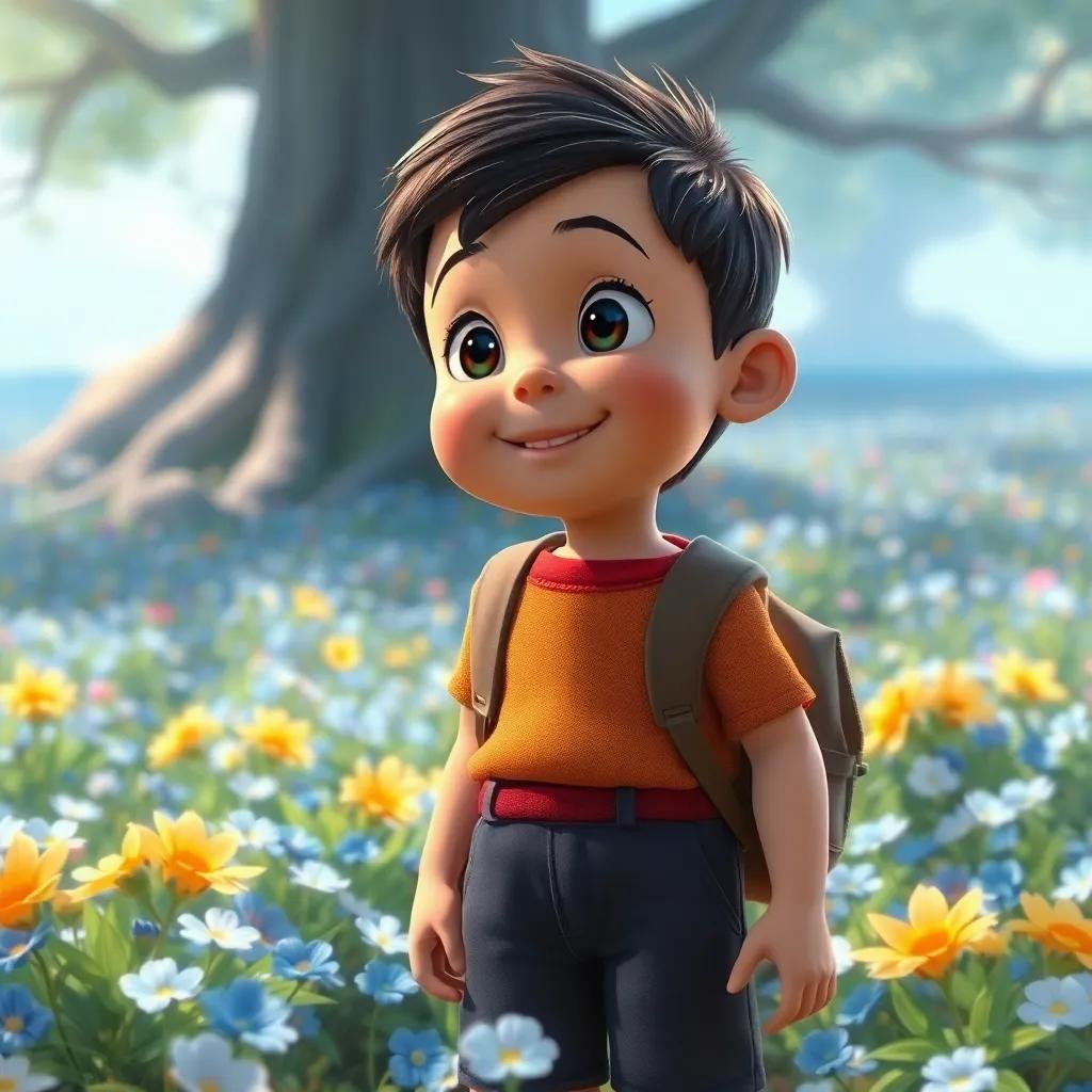 Tomás explorando un campo de flores azules que ríen, y árboles morados que cantan, observando asombrado y feliz, digital painting, alegre, colores vivos, fantasía