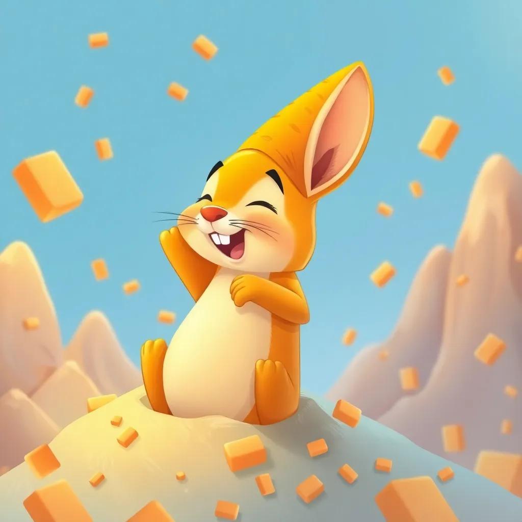 Tomás con un conejo naranja saltando, disfrutando y riendo, en un fondo de montañas de caramelos, ilustración, pastel, mundo dulce y divertido, vibrante