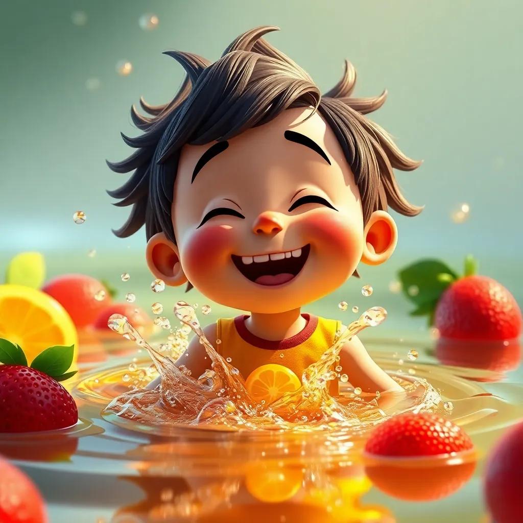 Tomás saliendo de un río de jugo de frutas, sonriendo y chapoteando, con agua brillante en colores rojo y amarillo, digital art, fresco, divertido