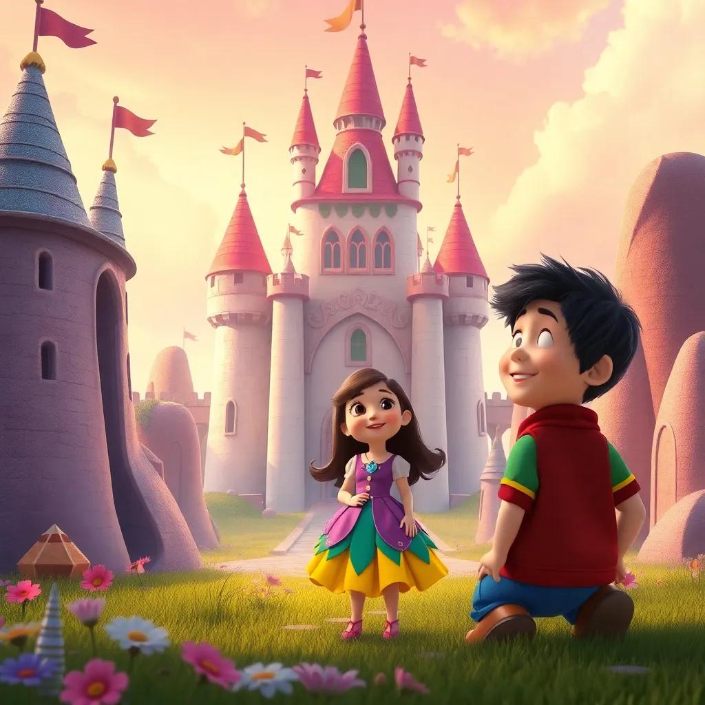 Tomás frente a un castillo de pasteles, con la princesa de Colorlandia, una niña de cabello largo y vestido multicolor, sonriendo amablemente, en un ambiente de ensueño, ilustración, colores pastel, luz suave