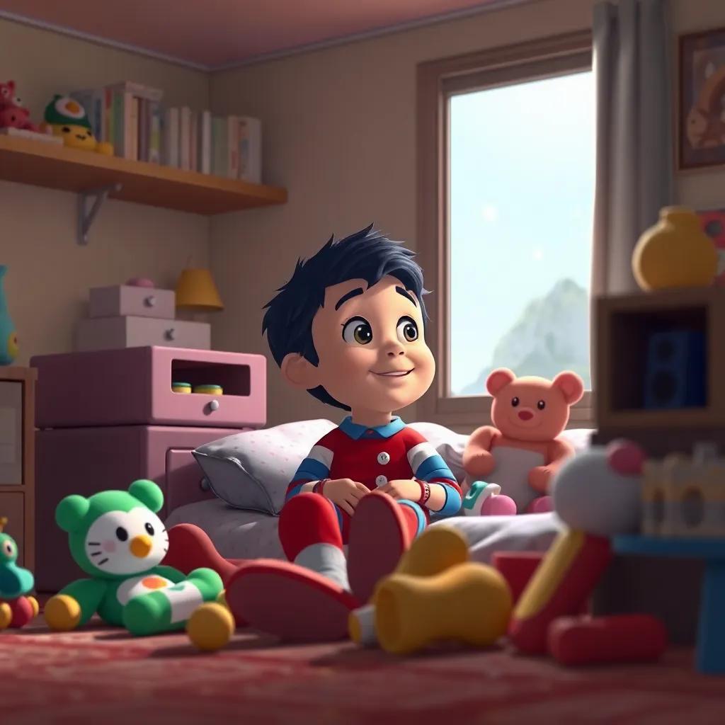 Tomás de vuelta en su habitación, observando los calcetines de colores con una sonrisa, rodeado de juguetes y un ambiente acogedor, ilustración, colores suaves, melancólico