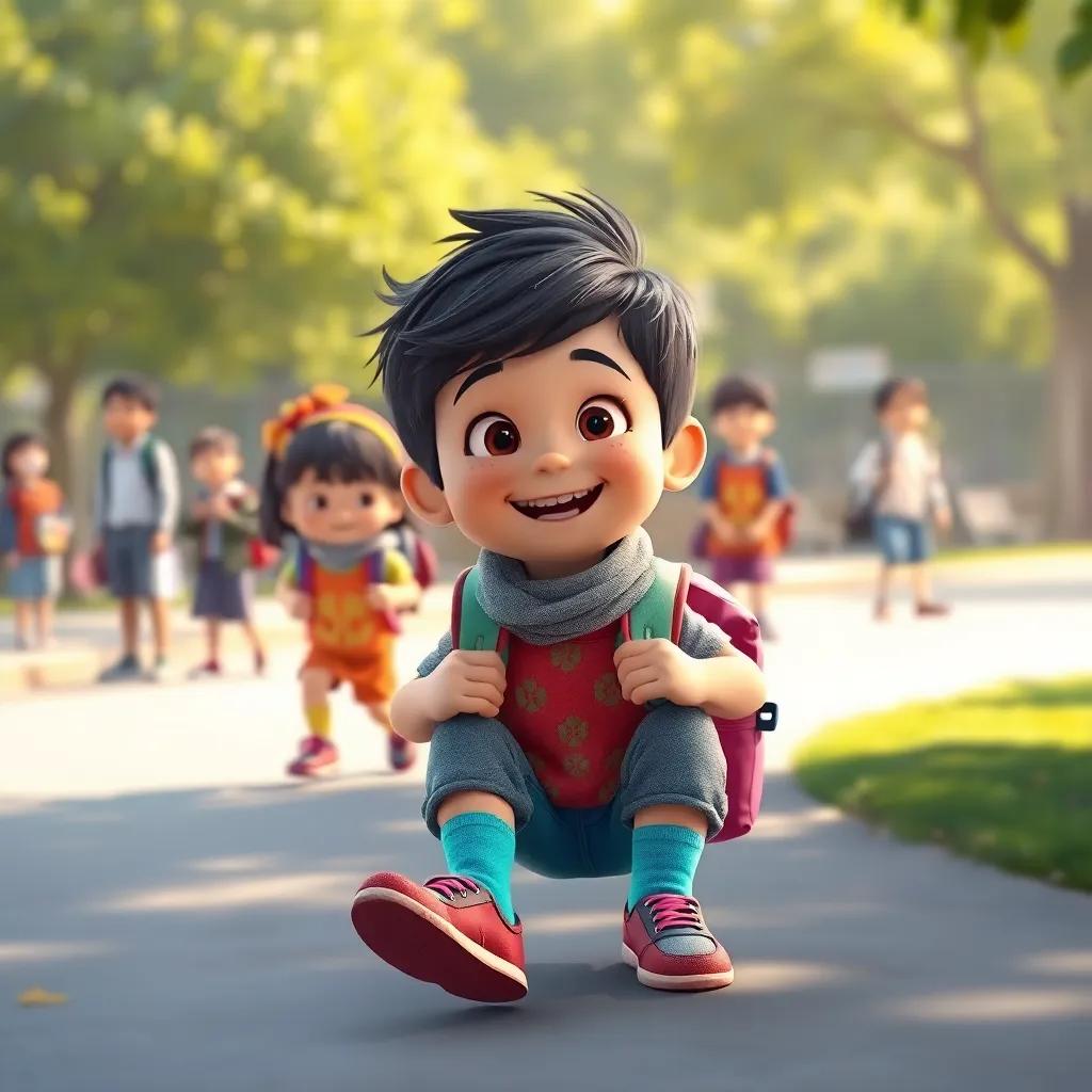 Tomás usando los calcetines de colores para ir a la escuela, con compañeros de clase a su alrededor, sonriendo y jugando, ilustración, luz brillante, feliz muy enérgico