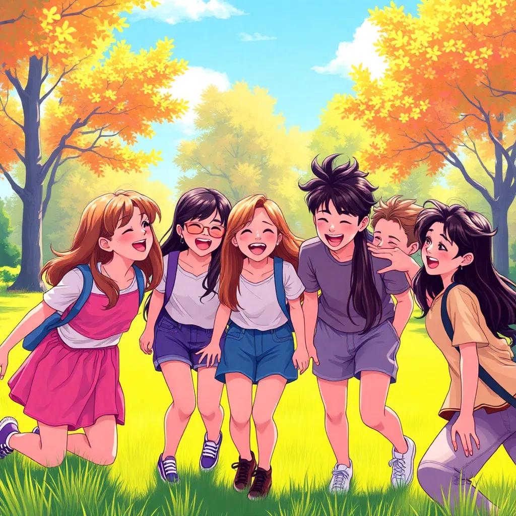 A group of five friends, three girls and two boys, laughing and playing in a sunny park, vibrant colors, cheerful atmosphere, happy expressions, detailed illustration