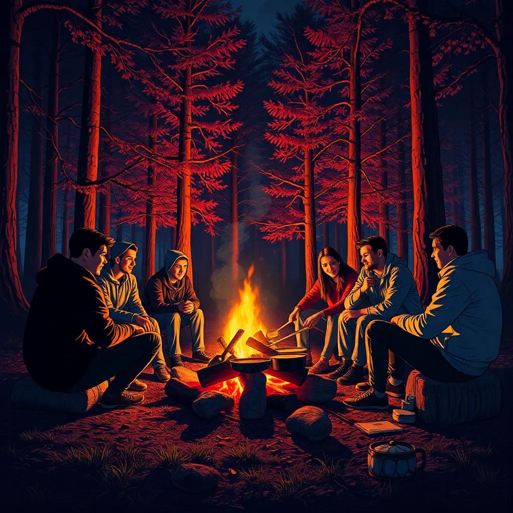 The same group of friends, sitting around a campfire in a forest, cooking together, beautiful trees in the background, nighttime, warm glow of the fire, friendly faces, cozy and inviting scene