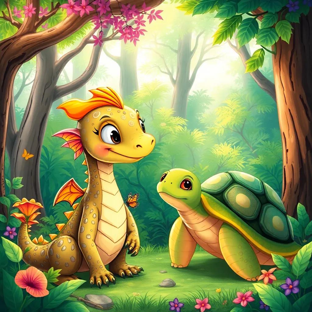 A bright and colorful forest with Guille, a dragon with shiny green scales and small butterfly wings, asking a wise turtle named Tula for advice, magical, cheerful, lush greenery, vibrant colors, illustration, adventure, high quality