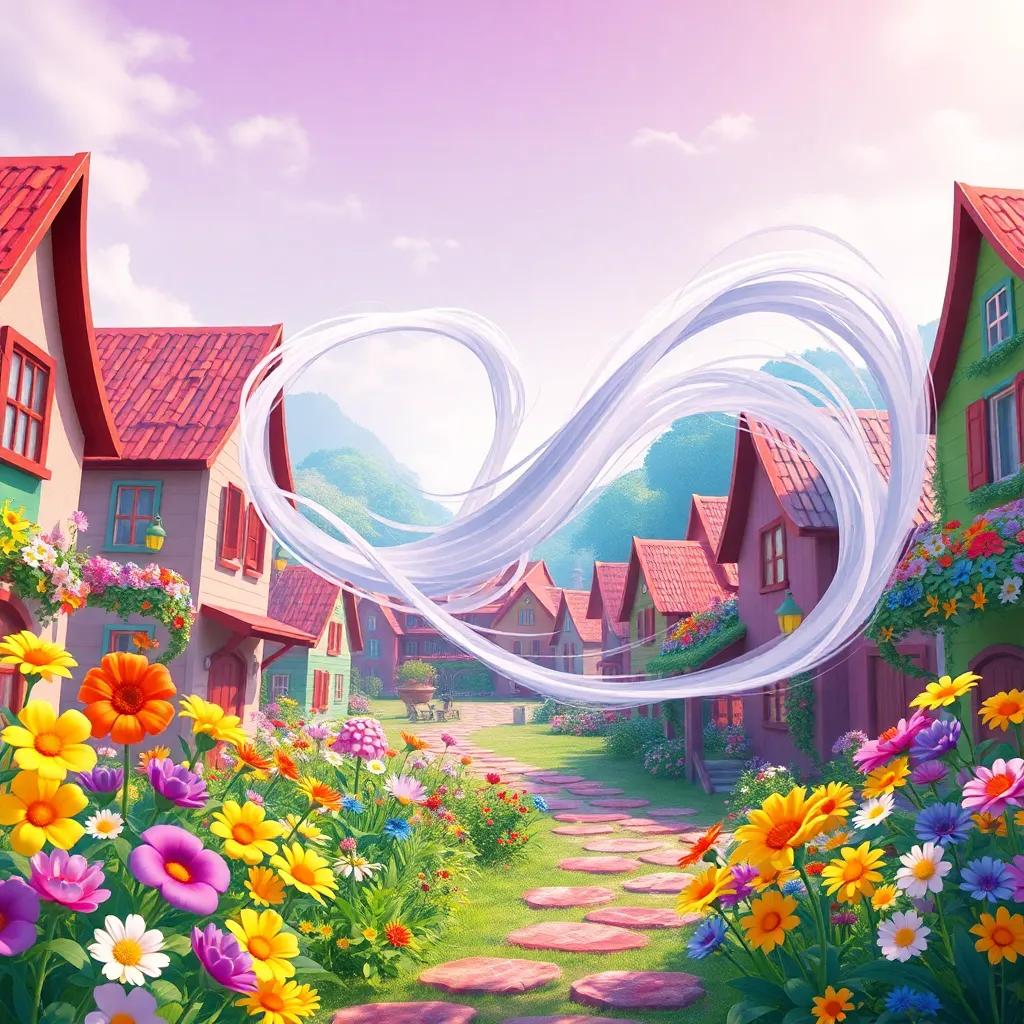 A playful wind swirling through a colorful village filled with flowers and laughter, digital art, vibrant colors, cheerful atmosphere, whimsical perspective, high quality