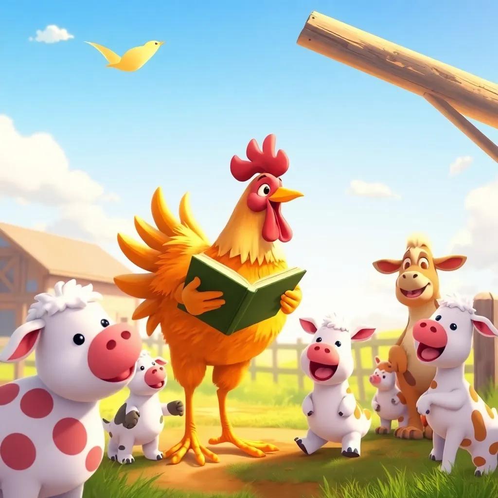 A playful wind blowing through a farm, with a brave hen telling stories to happy farm animals, bright and lively scene, cartoon style, warm colors, joyful expression