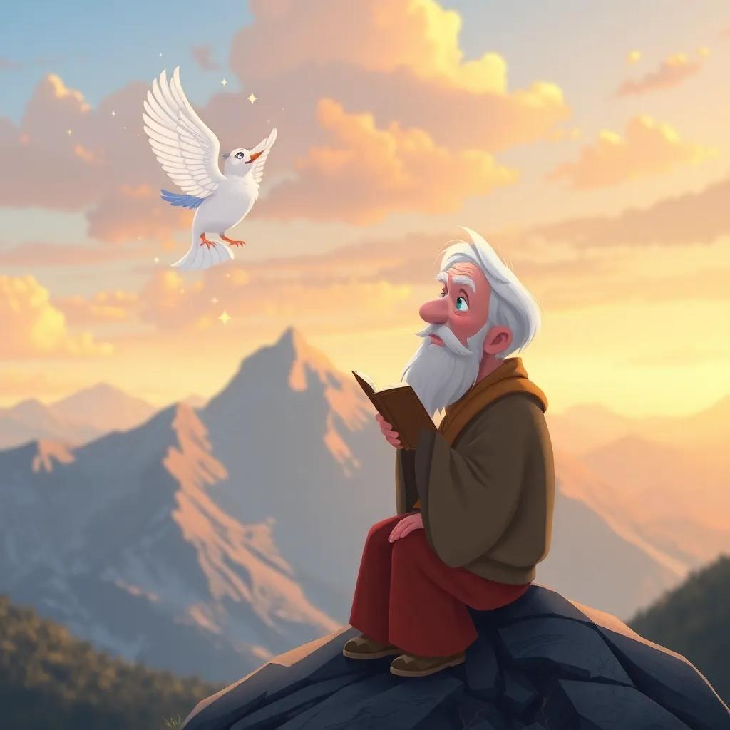 A wise old man on a mountain listening to a magical story from the playful wind, mountains in the background, illustration style, serene colors, thoughtful mood, high quality