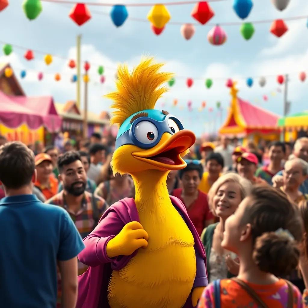 A colorful festival in a village with people laughing at the funny story of a superhero duck, joyful crowd, vibrant colors, festive atmosphere, dynamic perspective, high quality