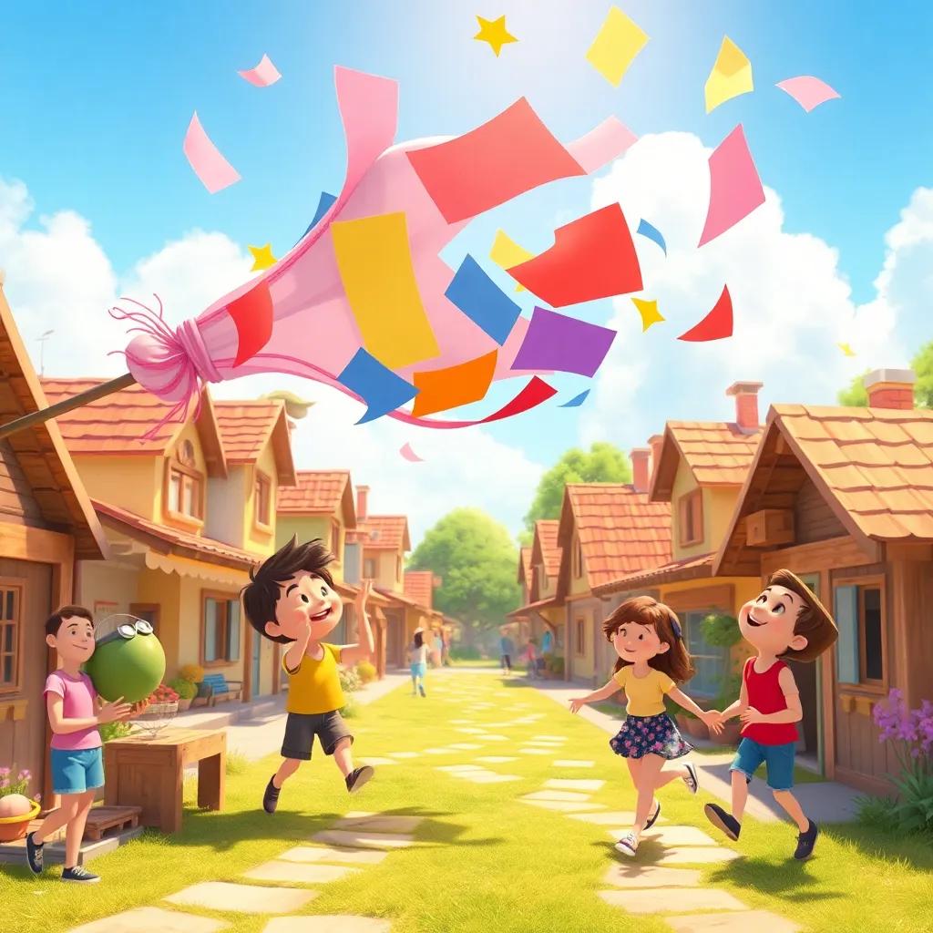 A playful wind blowing through a small town, carrying colorful pieces of paper with lively stories, children laughing, bright sunny day, vibrant colors, cheerful atmosphere, digital art