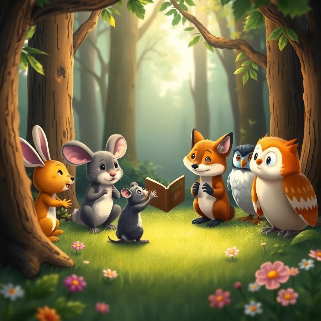 A brave mouse in the forest telling a story to curious animals: a rabbit, a fox, and an owl, listening with excitement, surrounded by trees and flowers, warm light, enchanting scene, illustration