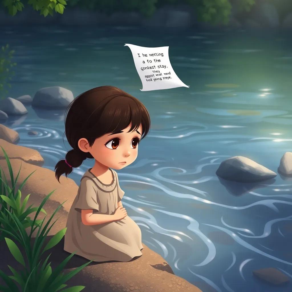 A little girl by a river looking sad, as playful wind brings her a piece of paper with a heartfelt story about generosity, surrounded by flowing water and green plants, calming atmosphere, illustration