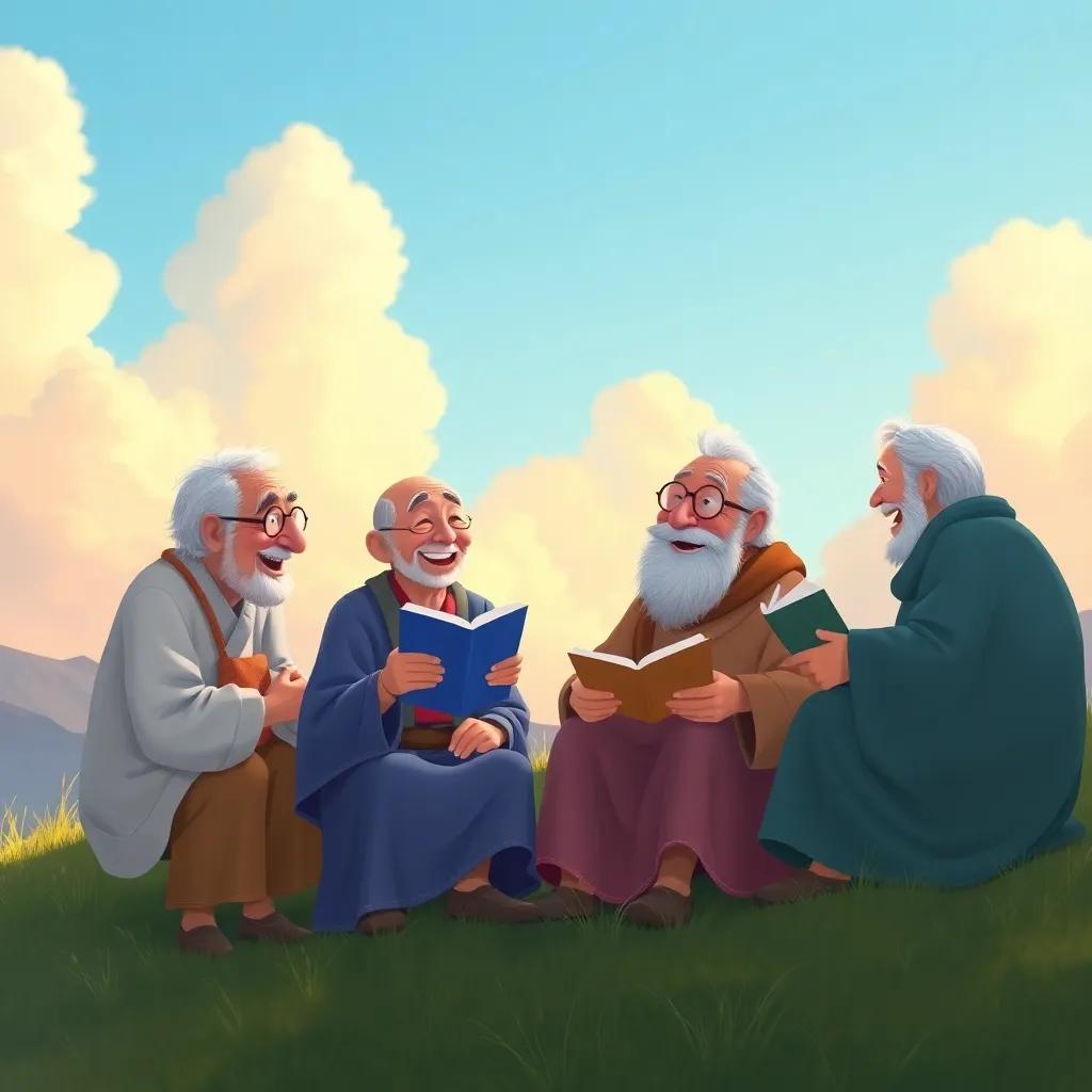 Elderly people on a hill sharing stories, laughing together, a gentle wind bringing the tale of a wise king, under a clear blue sky with soft clouds, warm light, heartwarming illustration