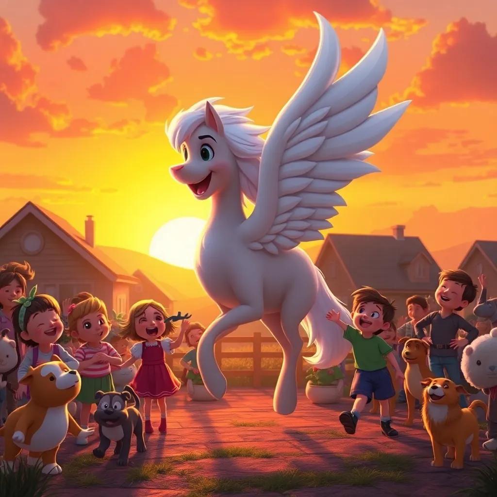 The playful wind returning home at sunset, surrounded by happy children and animals, the sky ablaze with orange and pink hues, feeling of joy and fulfillment, welcoming imagery