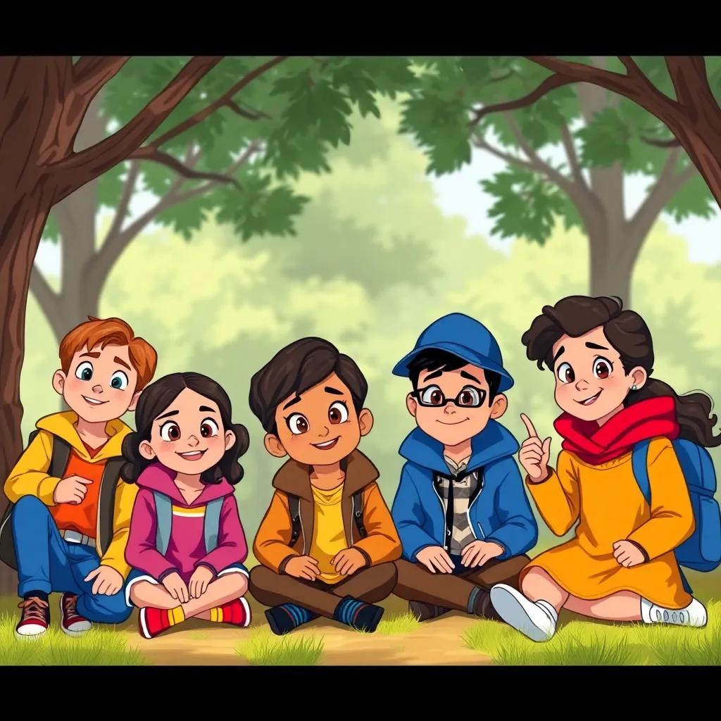 Un grupo de niños de diversas etnias, entre 8 y 10 años, con ropa colorida, sentados en un parque y creando un club de detectives, con sonrisas emocionadas, dibujo alegre, vibrante