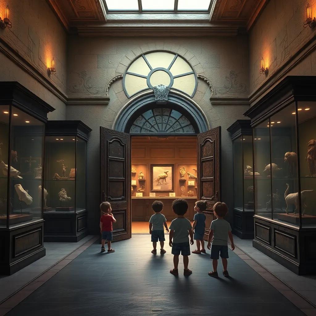 Un museo antiguo con una puerta entreabierta, los niños mirando curiosos, con objetos preciosos en vitrinas, luces tenues, arte digital, misterioso y atractivo