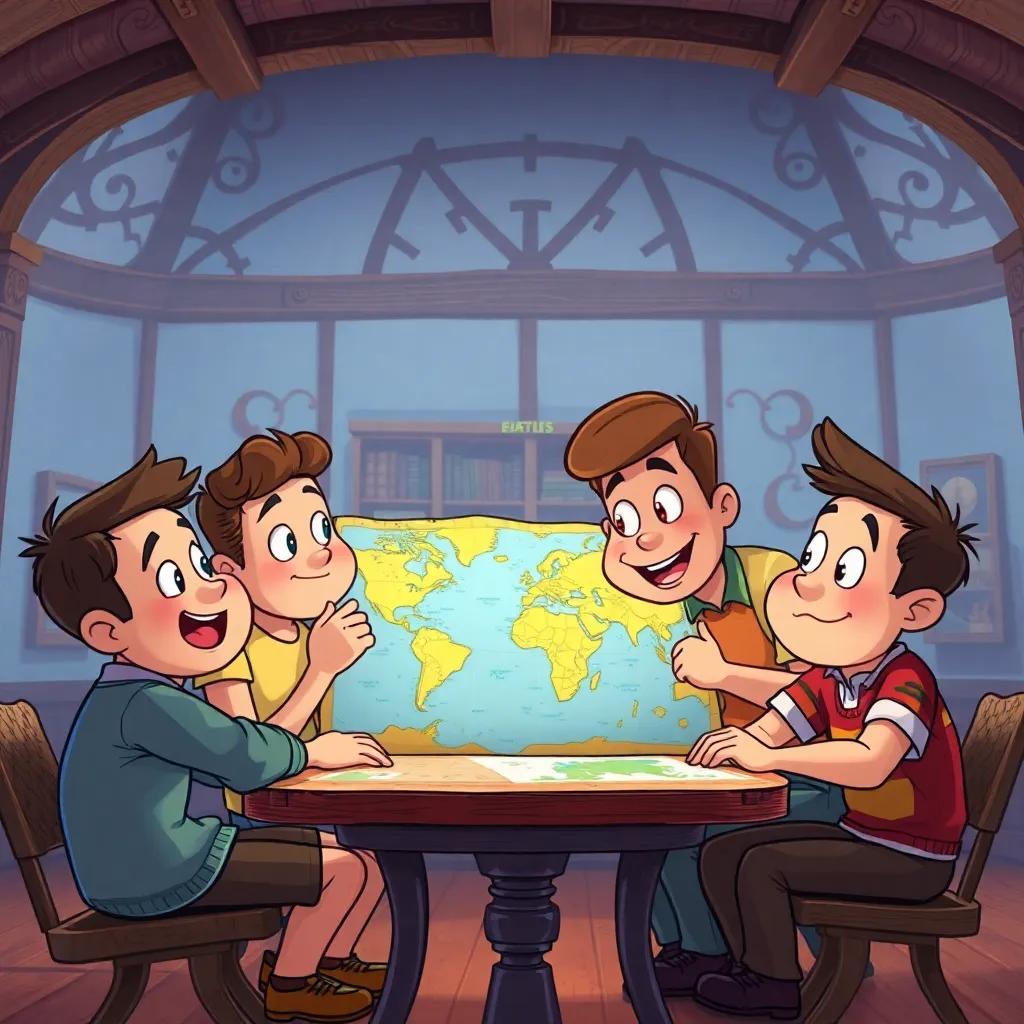 Los amigos en la sala de antigüedades, observando el mapa que encontraron, con expresiones de sorpresa y emoción en sus rostros, ilustración detallada y alegre, colorida