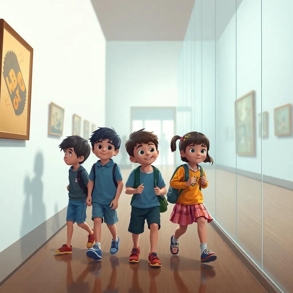 El grupo de niños siguiendo huellas en el museo, con linternas en mano y rostros decididos, la escena es emocionante y dinámica, arte digital, vibrante