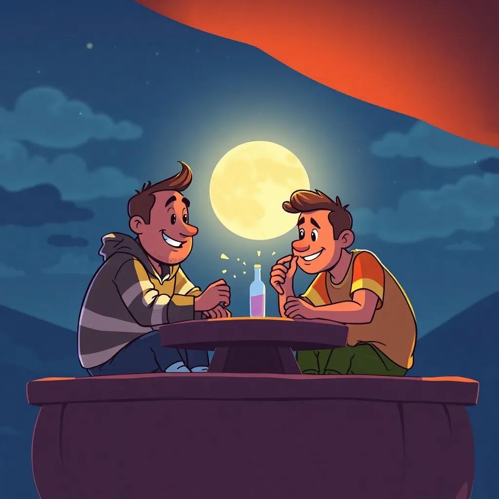 Los amigos resolviendo un acertijo en una pizarra, con la luna brillante en el fondo, riendo y pensando, ilustración creativa, cálida y colorida
