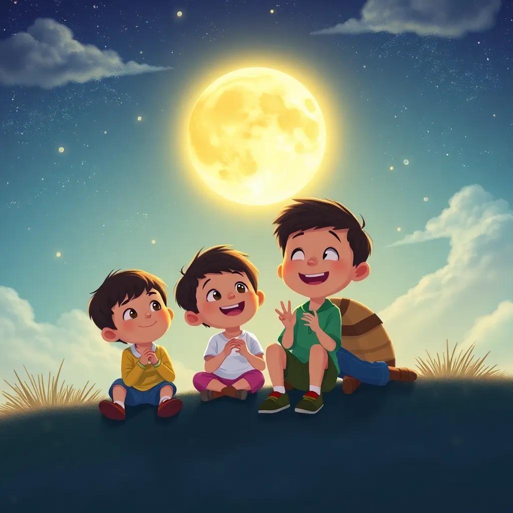 Los niños sorprendidos al resolver un acertijo, con una luna llena y brillante en el cielo, con un ambiente de alegría e ingenio, arte alegre, ilustración divertida