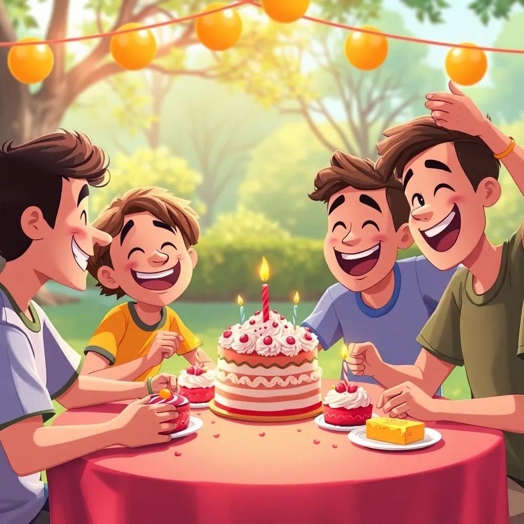 Los amigos celebrando su victoria en una mesa con pasteles y risas, fondo alegre en el parque, con colores vibrantes y un ambiente de alegría, ilustración festiva