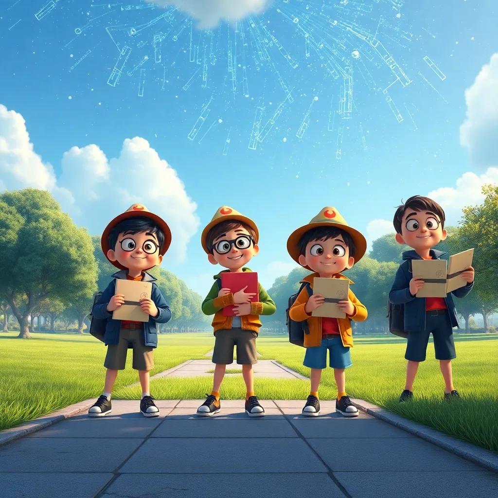 Los niños con sus diplomas de detectives, sonriendo y mirando hacia el futuro, una gran panorámica del parque con un cielo azul brillante, arte digital, alegre y esperanzador