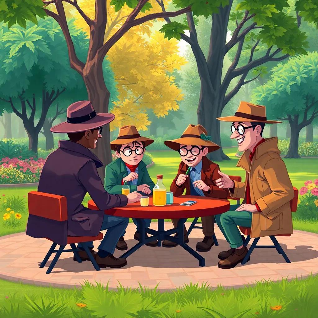 Una reunión del club de detectives en el parque, llenos de inspiración y listas de nuevos misterios, colores vibrantes, dinámica y divertida, arte colorido