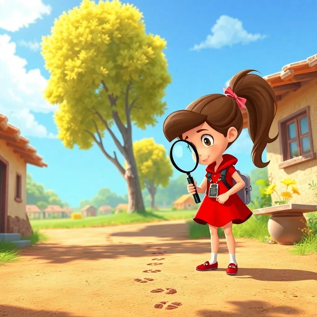A sunny day in the peaceful village of San Felicidad, Dolo, a clever girl detective with a brown ponytail, wearing a bright red dress and a magnifying glass, looking down at footprints in the dirt, cheerful atmosphere, bright colors, digital art, engaging scene, high quality