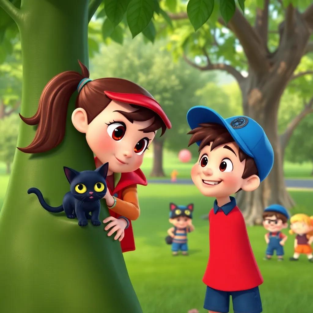 Dolo, a clever girl detective with a brown ponytail wearing a bright red dress, and Rolo, a cheerful boy in a blue cap and shirt, climbing a green tree in the park, looking at a small black cat with bright eyes, playful children in the background, colorful scenery, cartoon style, high quality