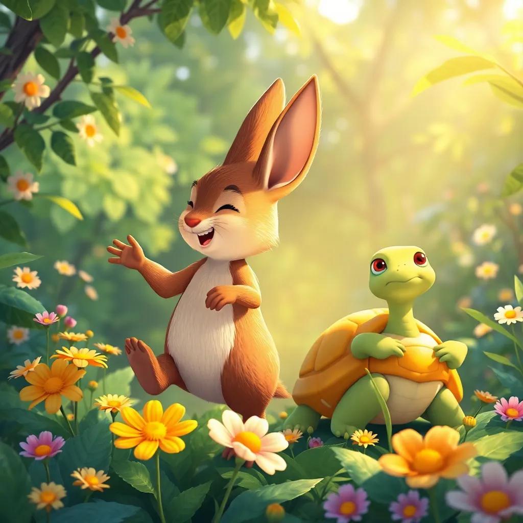 Un conejo feliz, Ramón, saltando entre las flores con una tortuga, Tula, tomando el sol, rodeados de un bosque verde, ilustración infantil, cálido y acogedor, calidad alta