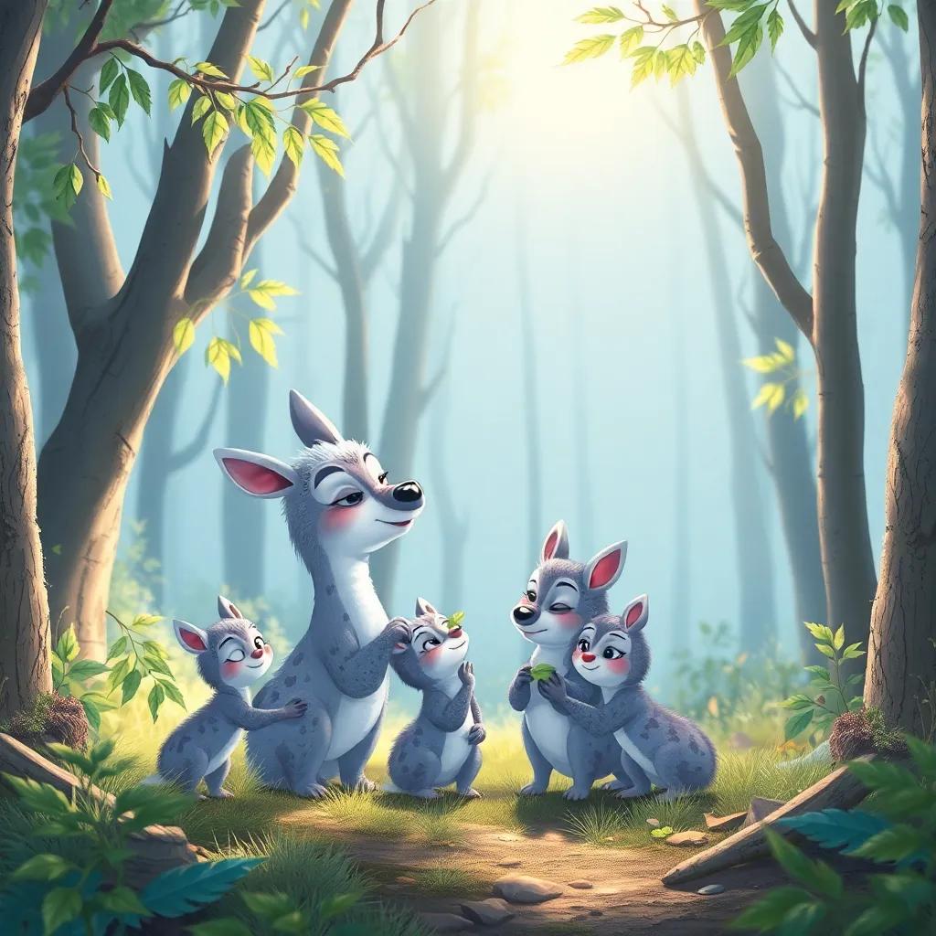 Una madre cierva, Lila, y sus pequeños ciervos comiendo hojas frescas en un claro del bosque, el sol brilla sobre ellos, ilustración natural, colores cálidos, atmósfera amigable, calidad alta