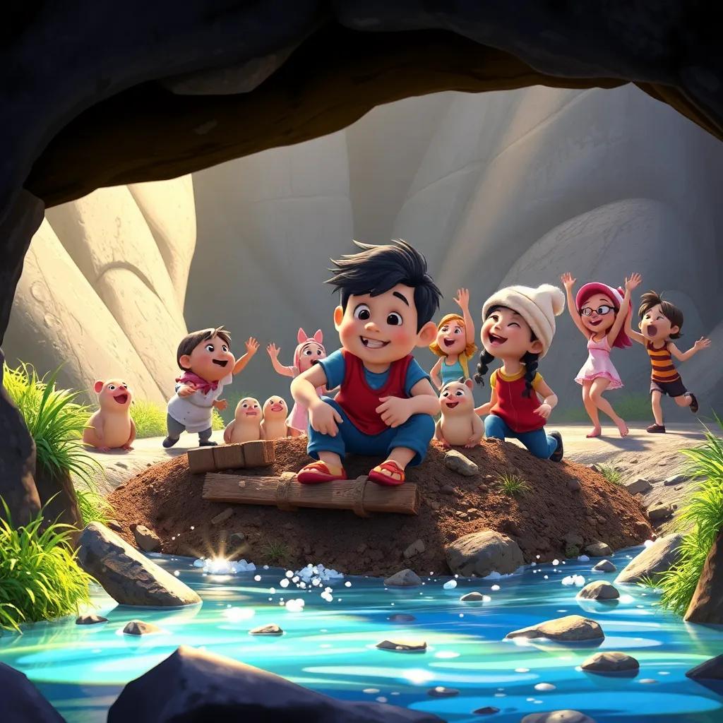 Castores trabajando en un arroyo, Francisco el castor construyendo una presa, rodeado de amigos cantando y bailando, el agua fresca brillando, ilustración animada, colores vibrantes, escena llena de diversión, alta calidad