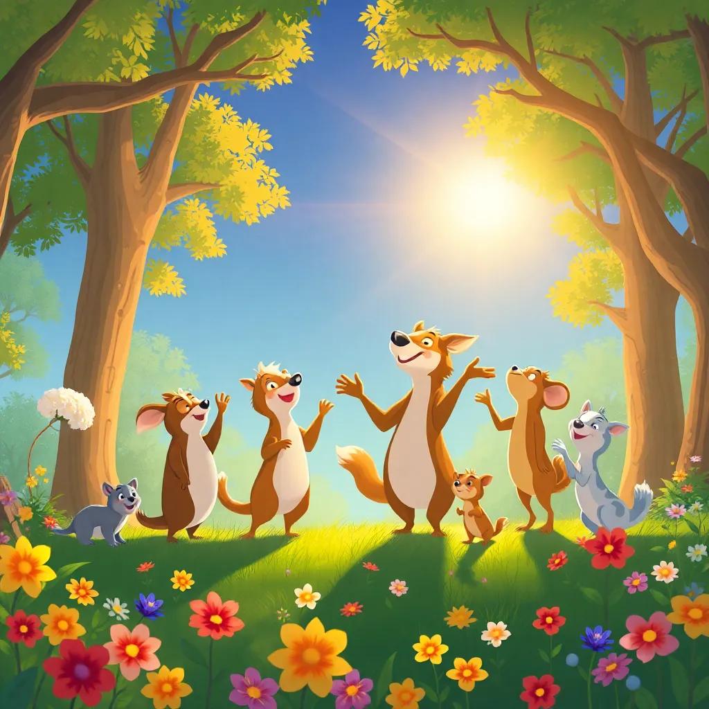Una gran celebración de animales del bosque, jugando y cantando bajo el sol brillando, con un fondo de árboles y flores, ilustración festiva, colores alegres, sensación de comunidad y felicidad, alta calidad